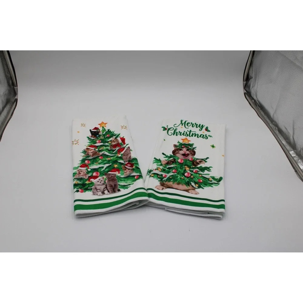 Unbranded Christmas Kitchen Towels White Green Cat Kitten Tree Holiday Set 2